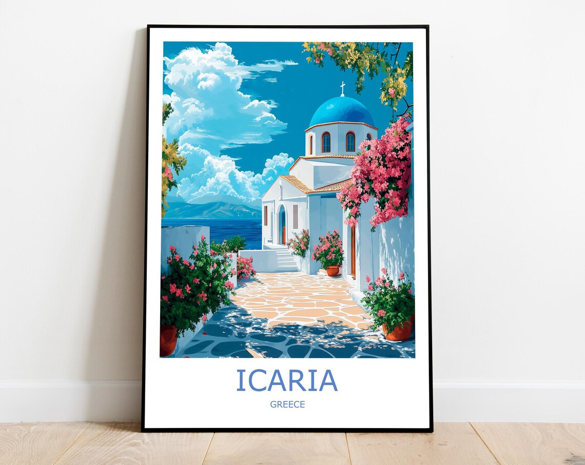 Icaria Blue Domed Church Bougainvillea Greece Island Travel Poster