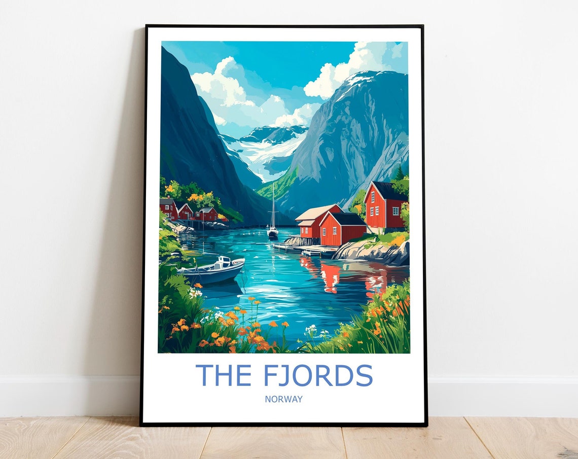 The Fjords Norway Red Cabins And Glacier Valley Travel Poster