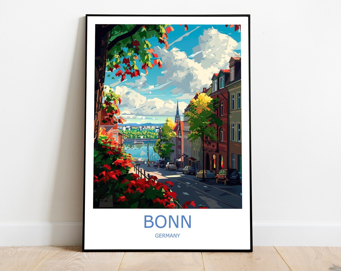 Bonn Germany Riverside Street Autumn Foliage Vintage Travel Poster