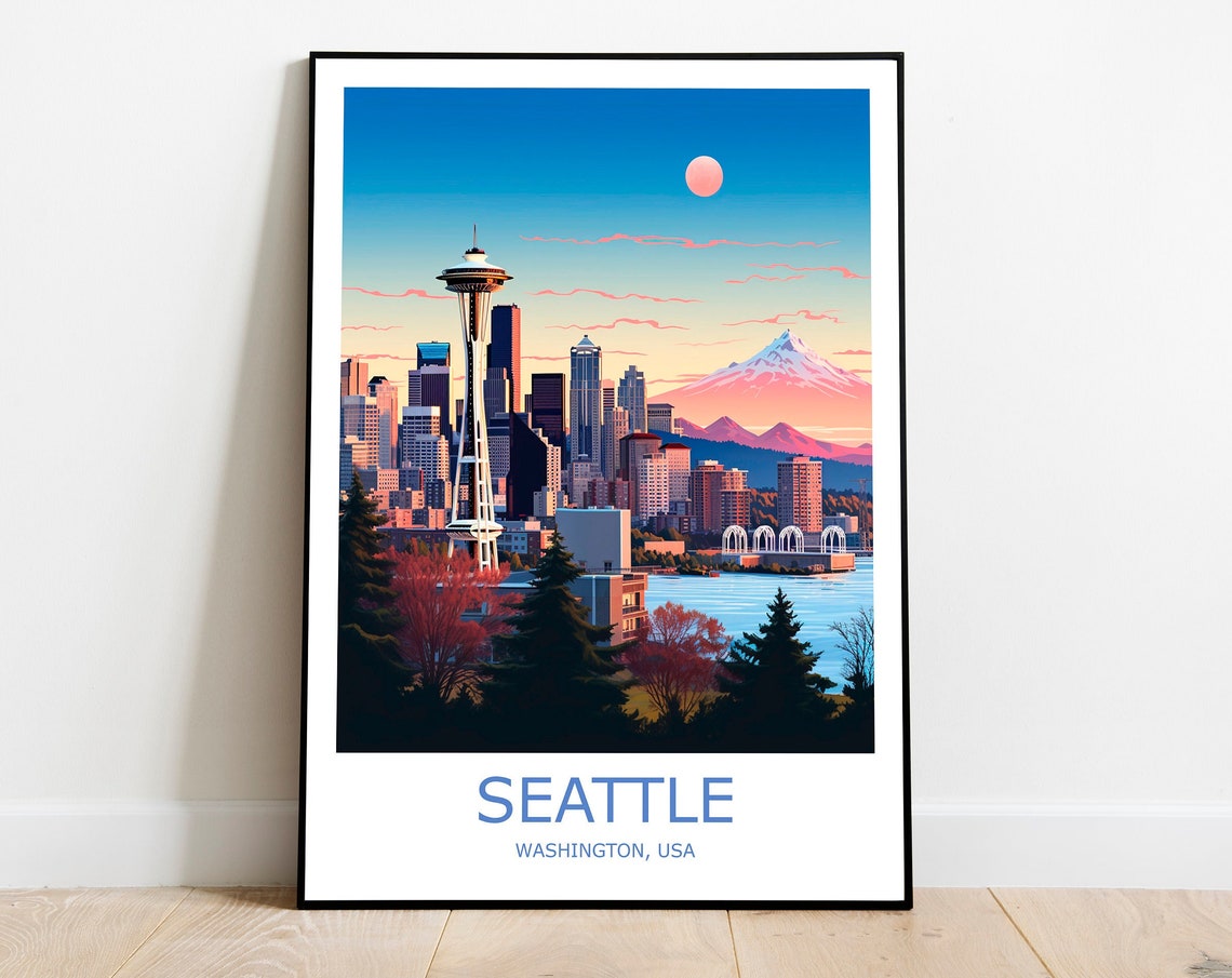 Seattle Washington Space Needle And Mount Rainier Travel Poster
