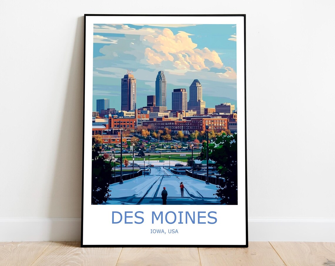 Des Moines Iowa Skyline and River Bridge USA City Travel Poster