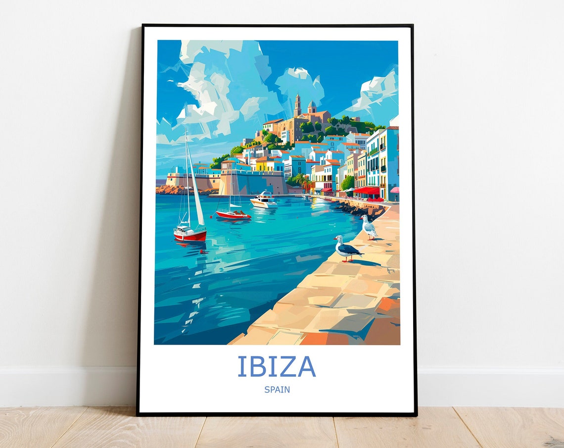 Ibiza Old Town Harbour Sailboats Seagulls Spain Travel Poster