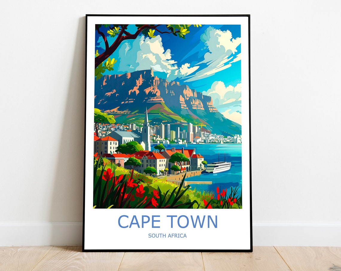 Cape Town Table Mountain Waterfront Red Flowers Travel Poster