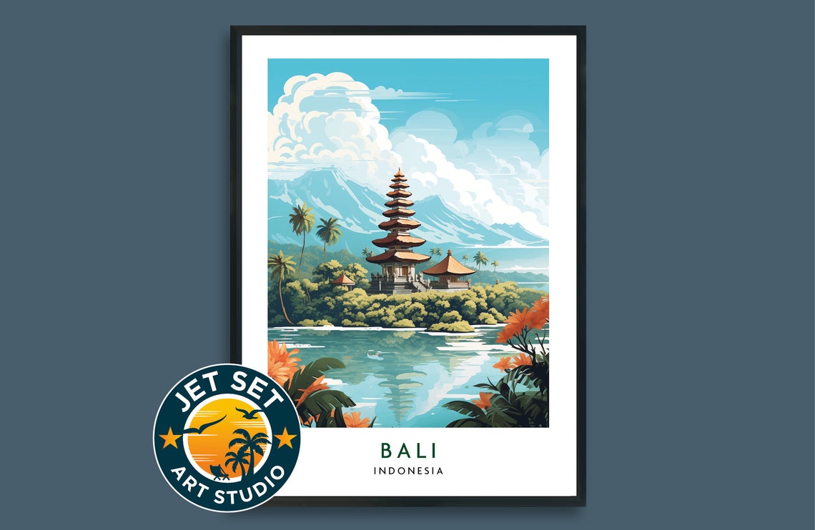 Bali Indonesia Temple Lake Volcano Tropical Paradise Travel Poster