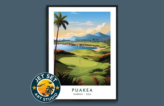 Puakea Golf Course Poster Hawaii USA Palm Tree Mountain Vintage Travel Art