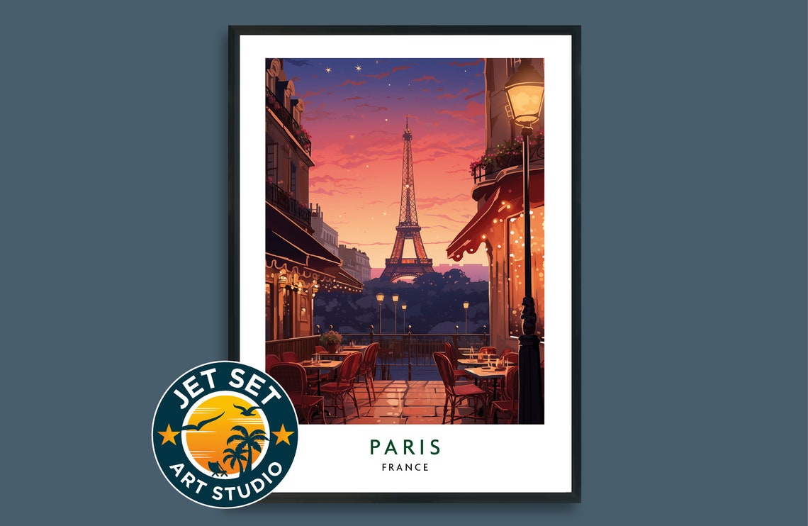 Paris at Night Eiffel Tower Romantic Cafe Terrace Travel Poster