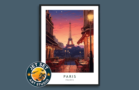Paris at Night Eiffel Tower Romantic Cafe Terrace Travel Poster