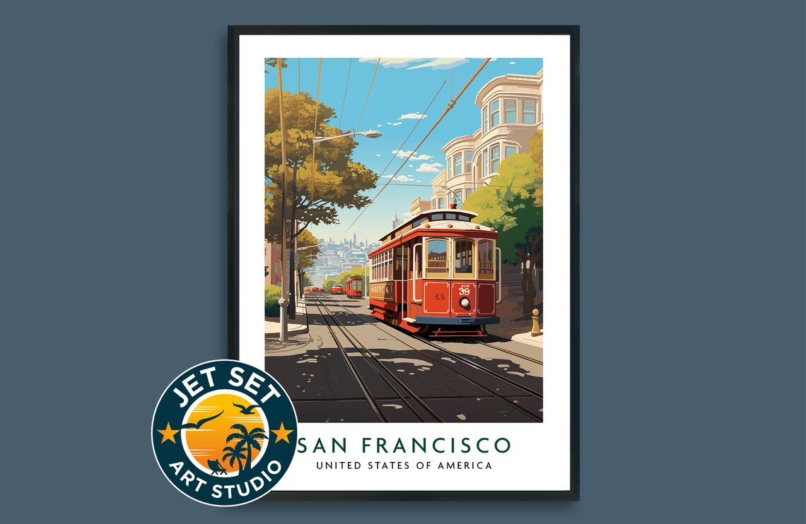 San Francisco Cable Car Street Scene California Vintage Travel Poster