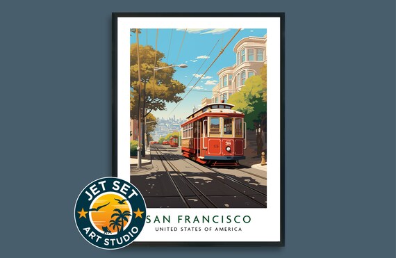 San Francisco Cable Car Street Scene California Vintage Travel Poster