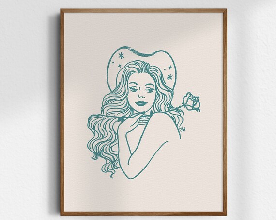 Teal Cowgirl Portrait Rose Line Art Hat Western Beauty Wall Poster