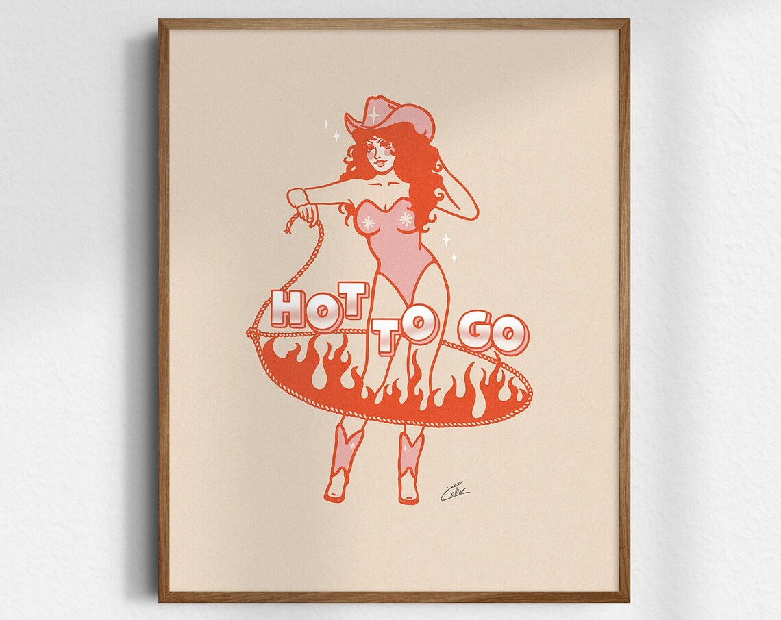 Hot To Go Retro Cowgirl Pin Up Pink Flames Lasso Cheeky Art Poster