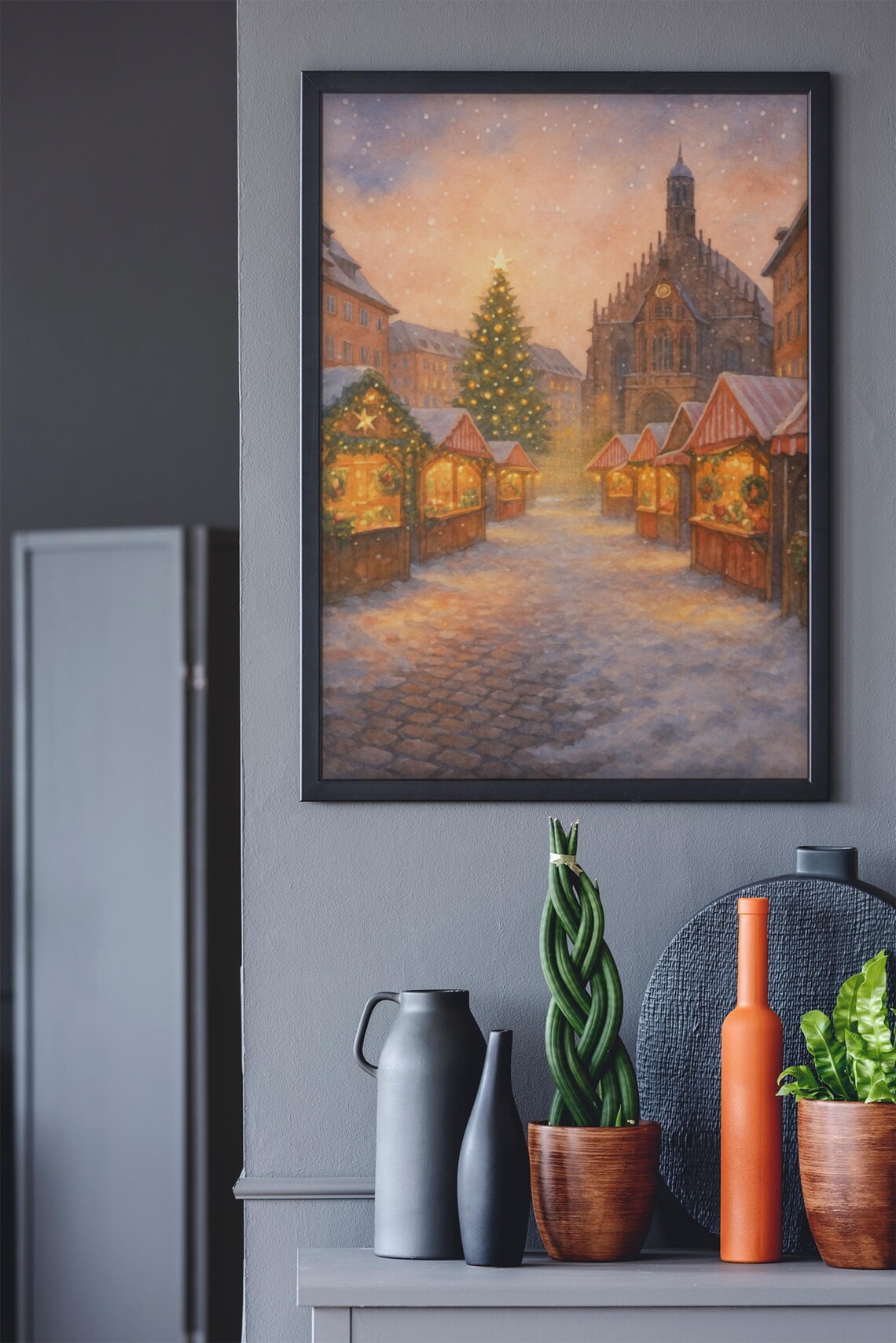 Nuremberg Christmas Market Gothic Church Snowy German Holiday Poster