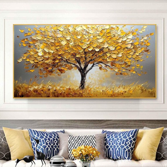Large Original Golden Tree Of Life Painting On Abstract Textured Big Tree Painting Tree Landscape Wall Art Living Room Home Decor