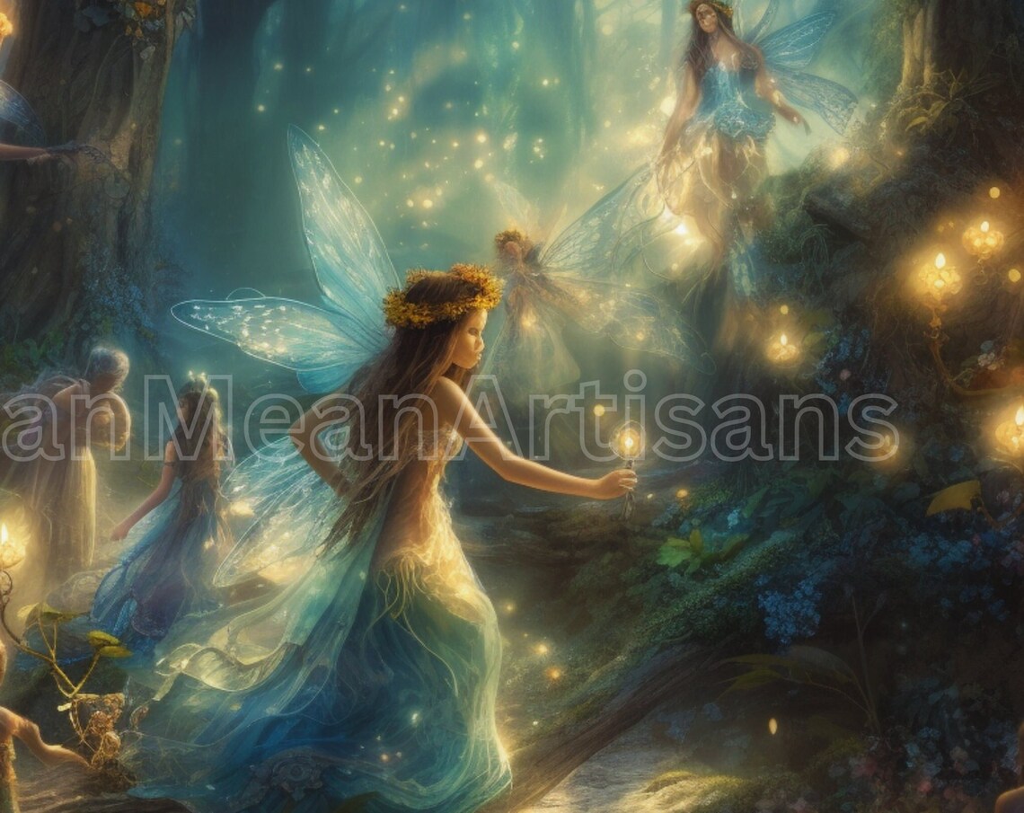 Dark Forest Fairies Glowing Wings Magic Night Fantasy Art Poster