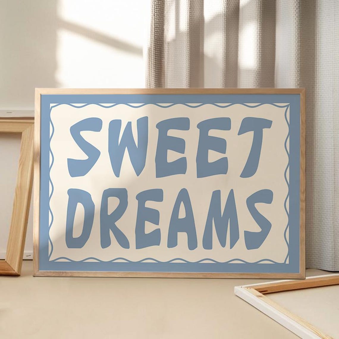 Sweet Dreams Blue Retro Hand Lettered Cute Kids Bedroom Poster