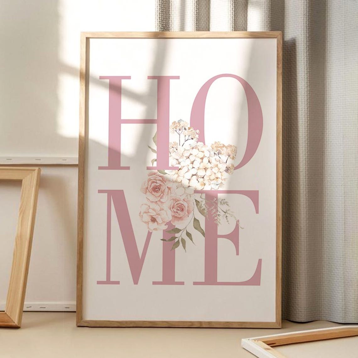 Blush Pink HOME Typography Watercolor Floral Botanical Art Print