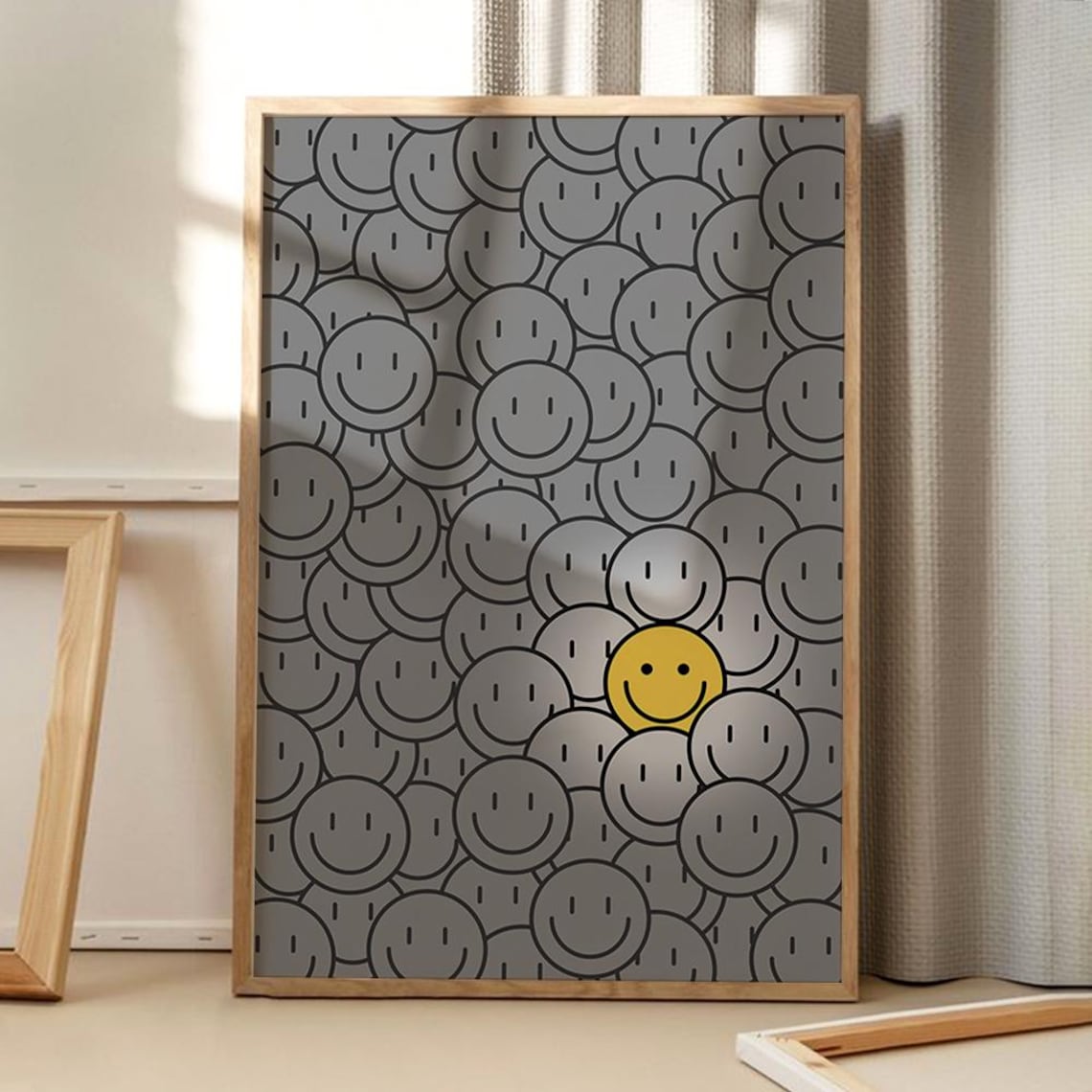 Smiley Faces Retro Poster, Grey Yellow Pattern Framed Fun 70s Happy Wall Decor Art