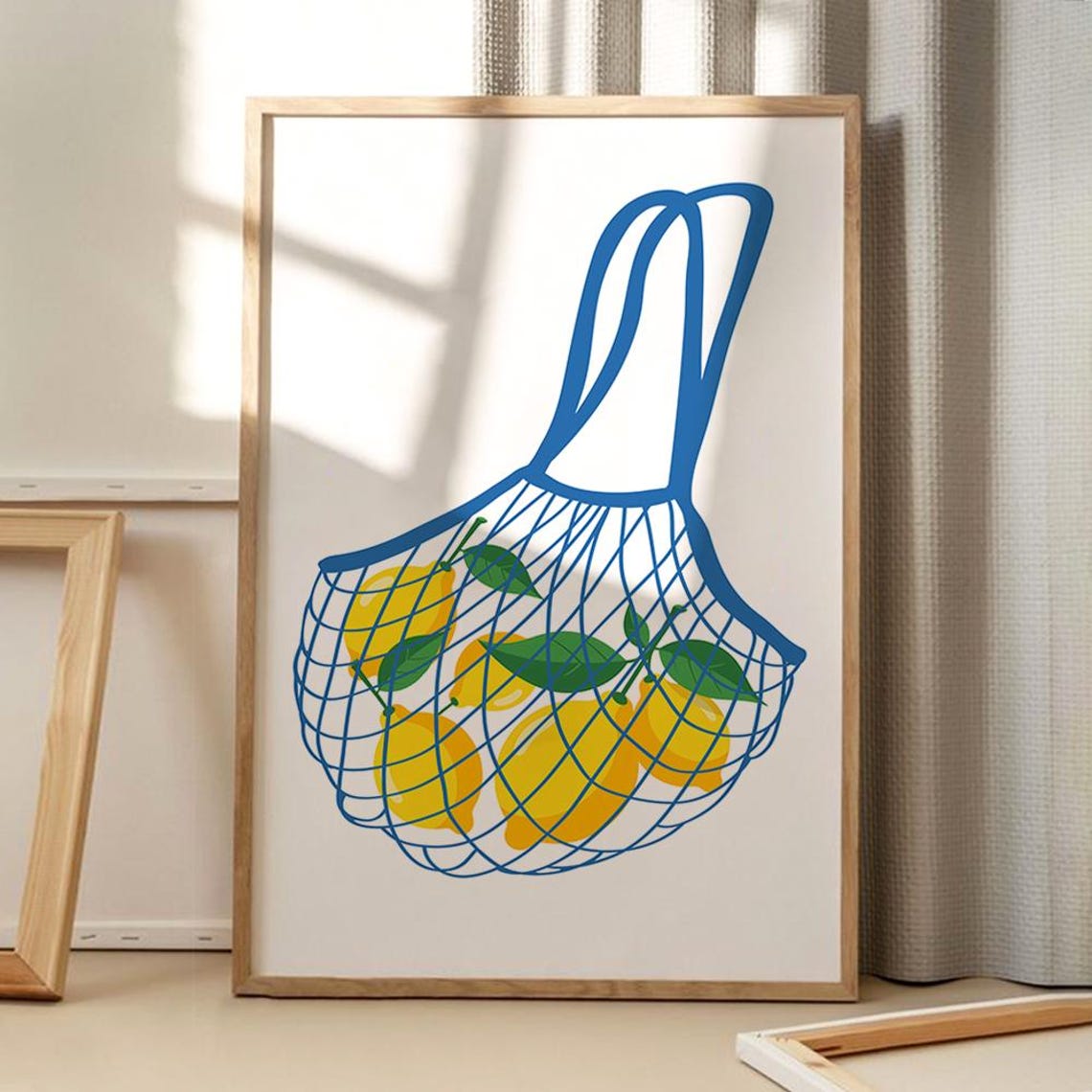 Lemons in Blue Mesh Market Bag Bright Kitchen Illustration Poster