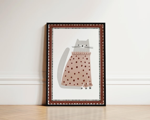 Cute Cat in Polka Dot Outfit Whimsical Poster for a Nursery Wall