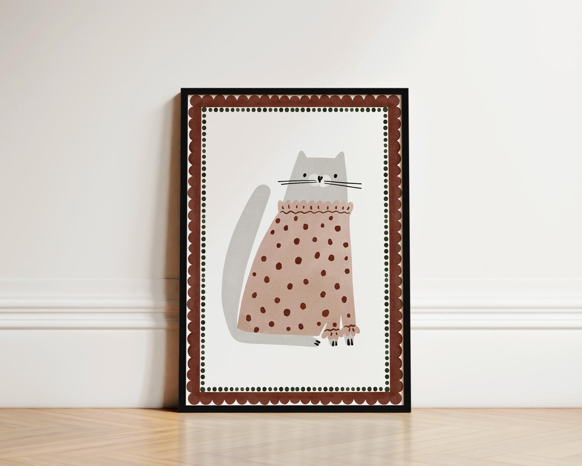 Cute Cat in Polka Dot Outfit Whimsical Poster for a Nursery Wall