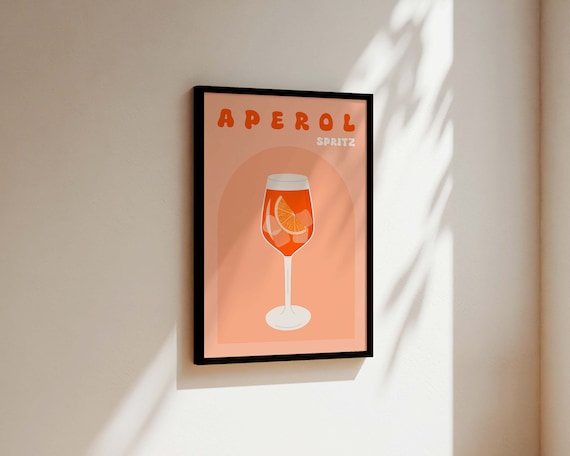 Aperol Spritz Retro Cocktail Illustration Peach Bar Wall Art