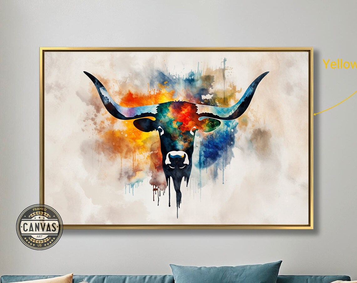 Longhorn Bull Head Colorful Abstract Watercolor Animal Wall Poster