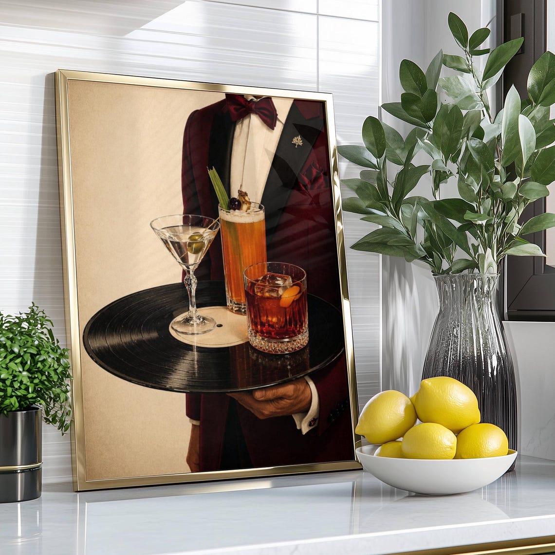 Burgundy Waiter Cocktail Print Digital Download Vinyl Tray Printable Retro Bar Wall Art