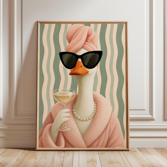 Spa Goose Poster Pink Bathrobe Champagne Coupe Funny Bathroom Wall Art