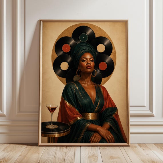 Vinyl Queen Portrait Print Digital Download Martini Wall Art Afro Glam Music Decor