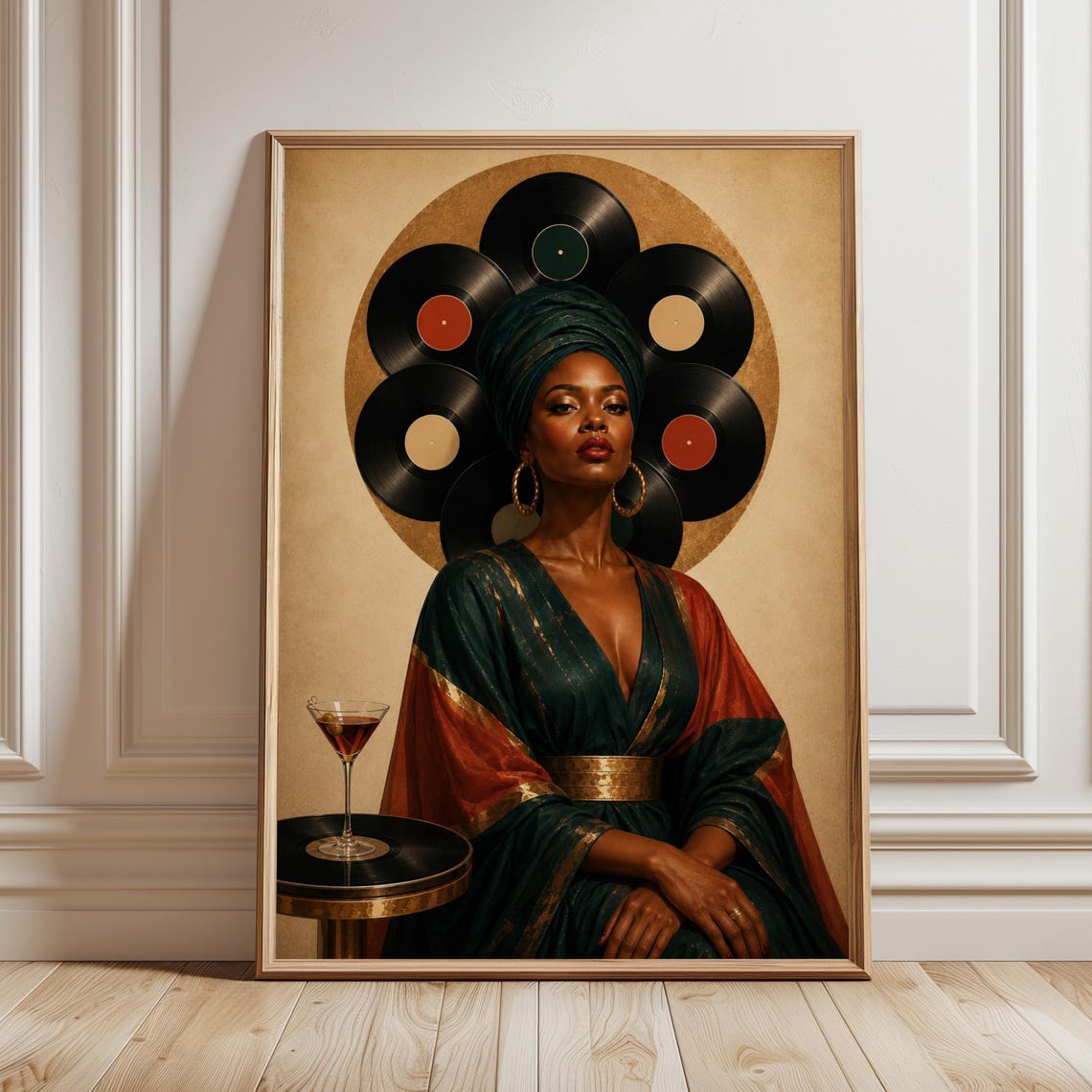 Vinyl Queen Portrait Print Digital Download Martini Wall Art Afro Glam Music Decor