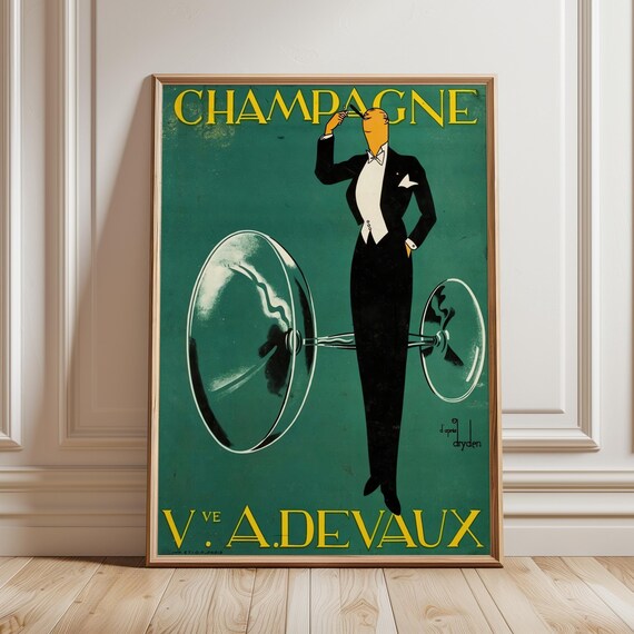 Champagne Vve A Devaux Vintage French Art Deco Emerald Bar Poster