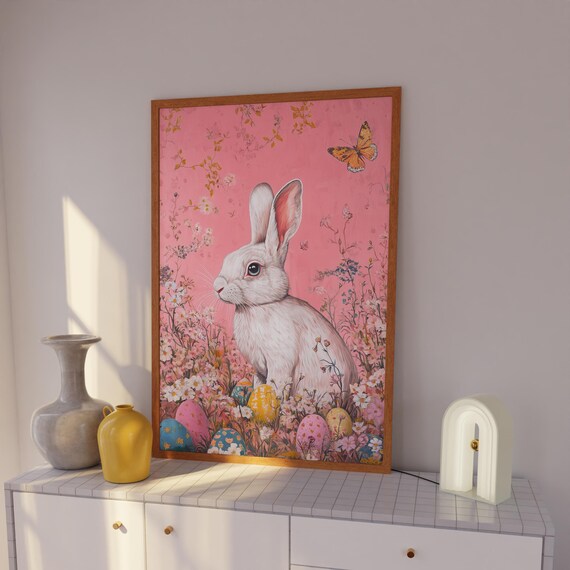 White Bunny in Wildflower Field With Eggs and Butterfly Poster