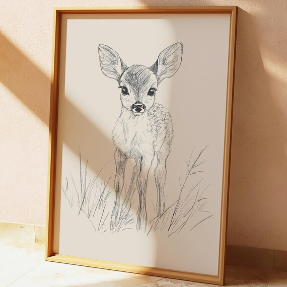 Baby Deer Fawn Standing in Grass Vintage Nursery Sketch Poster