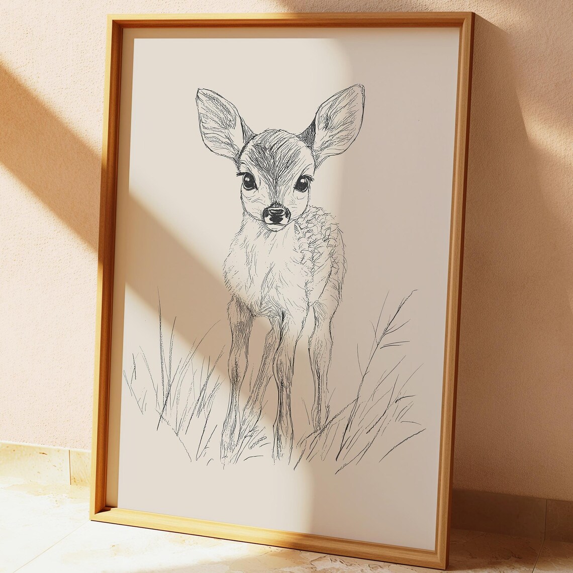 Baby Deer Fawn Standing in Grass Vintage Nursery Sketch Poster