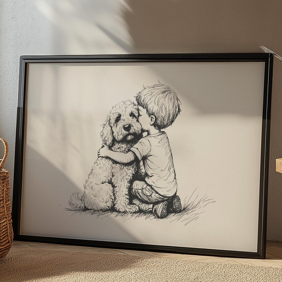 Goldendoodle And Boy Nursery Art Puppy Kids Room Poster Dog Baby Nursery Vintage Print Puppy Painting Dog Sketch Boy Room Retro Drawing
