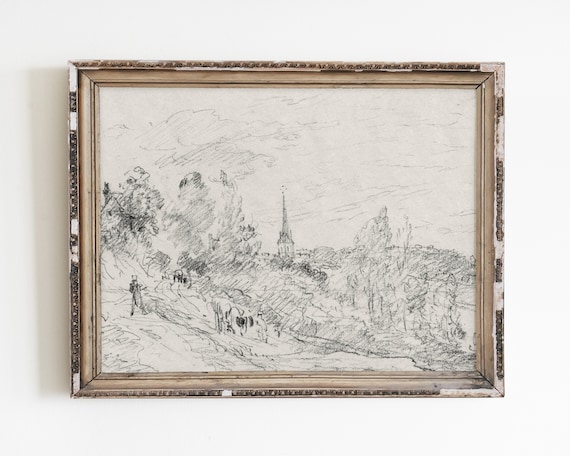 Vintage Etching Landscape Art Print, Country Decor