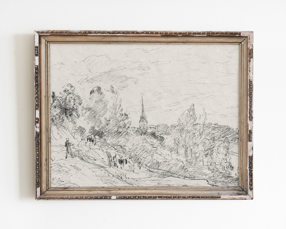 Vintage Etching Landscape Art Print, Country Decor