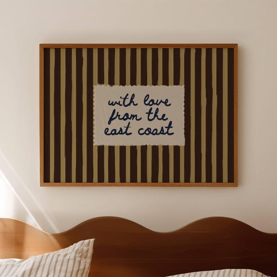 With Love From The East Coast Quote Print Horizontal Beach House Coastal Wall Art Hand Drawn Retro Striped Mustard Brown Painting Poster