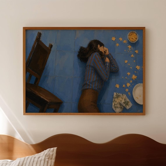 Woman Relaxing On Blue Tiled Floor Snack Time Playful Oil Painting Poster