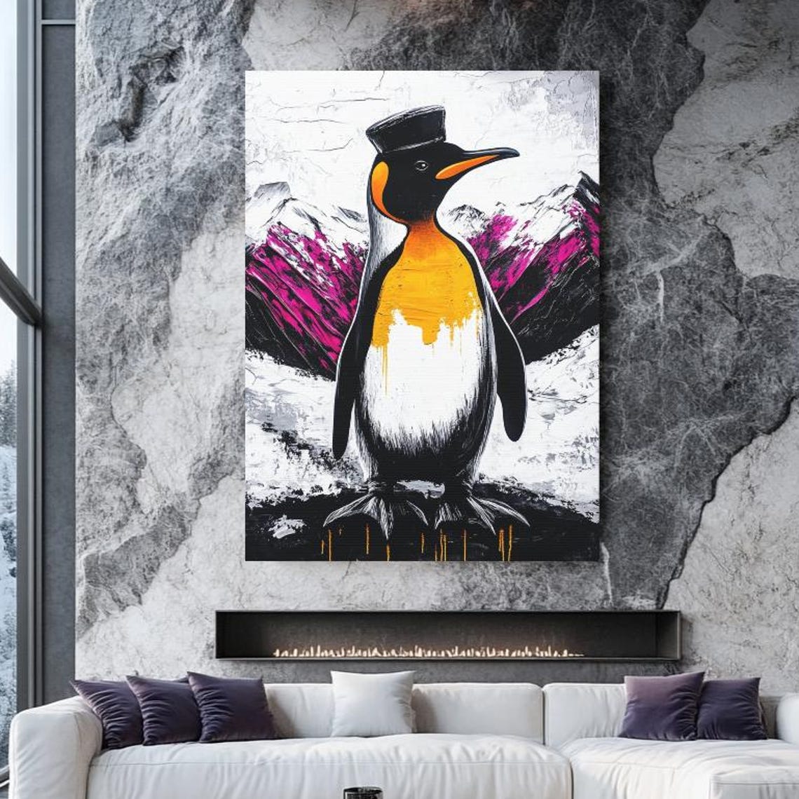 Emperor Penguin Magenta Mountain Scene Modern Wildlife Poster