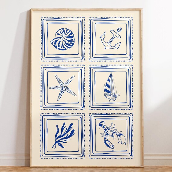 Blue Coastal Tile Squares Anchor Sailboat Nautical Wall Poster