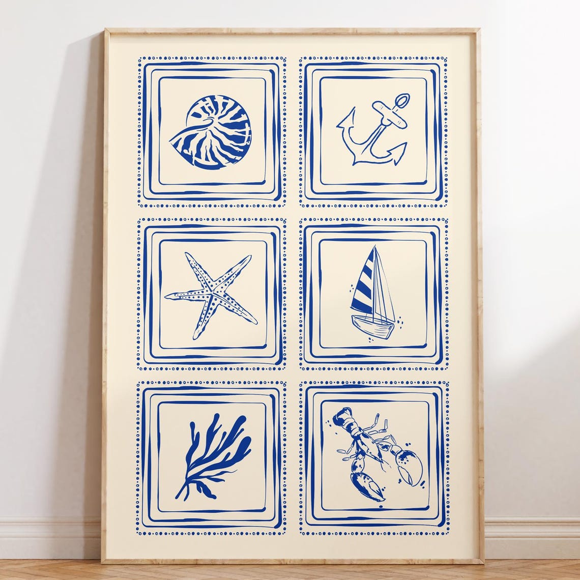 Blue Coastal Tile Squares Anchor Sailboat Nautical Wall Poster