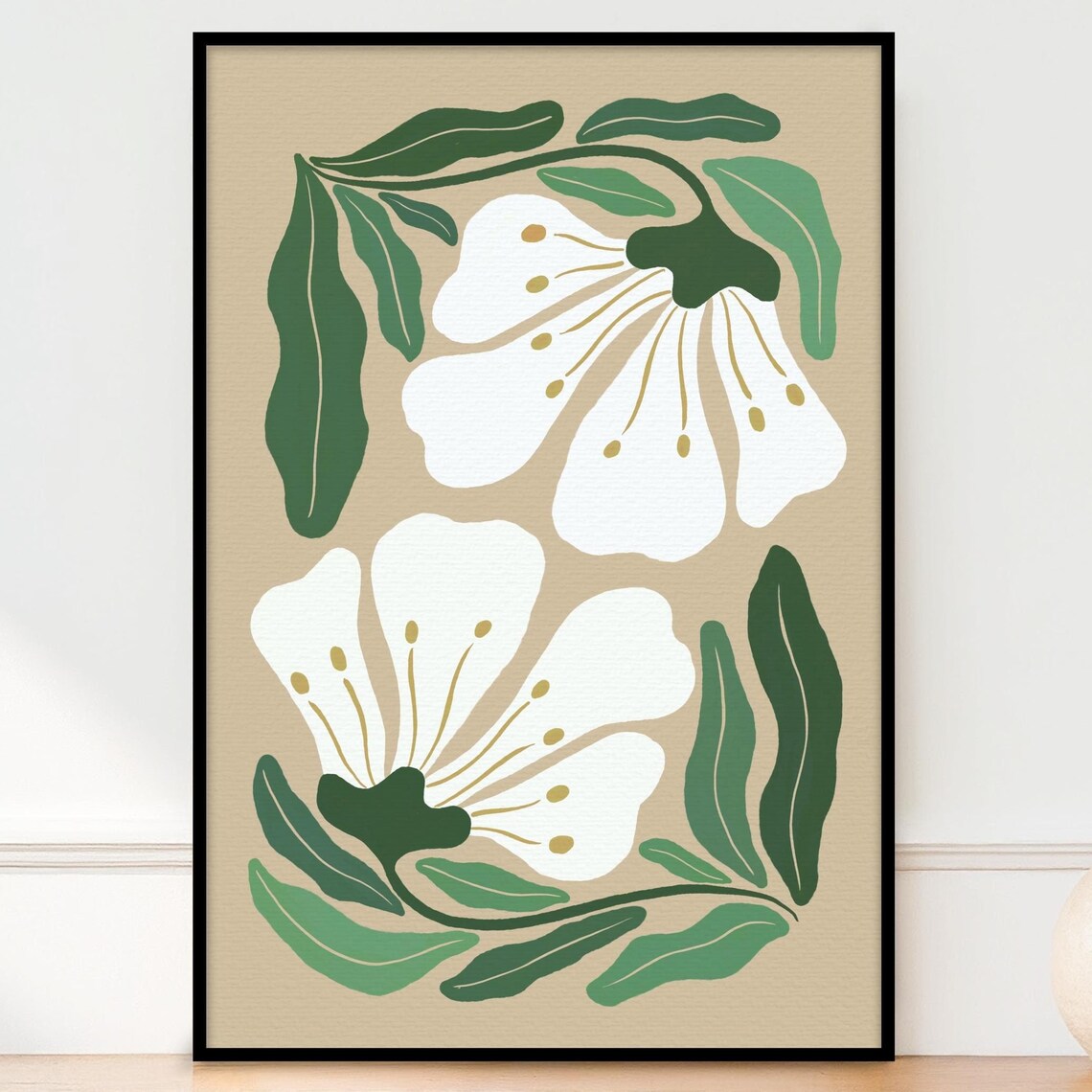 Abstract White Flowers Art Print, Neutral Botanical Decor