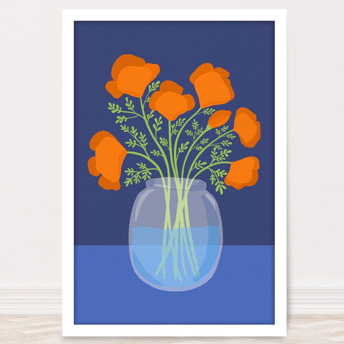 Orange Poppy Bouquet Vase Art Poster Navy Floral Still Life Decor