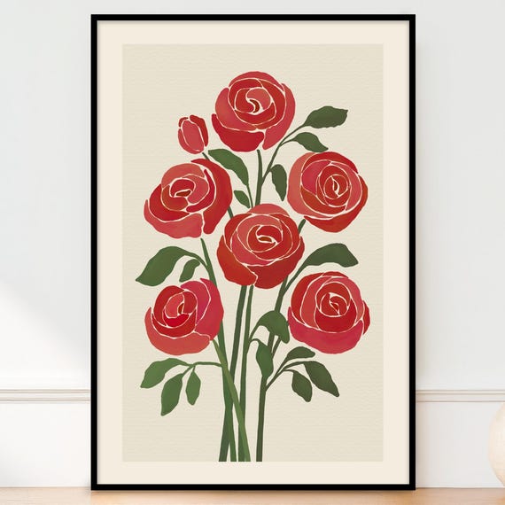Red Roses Floral Wall Art Print Retro Botanical Flower Market Poster 5x7 8x10 11x14 16x20 18x24 24x36 Unframed