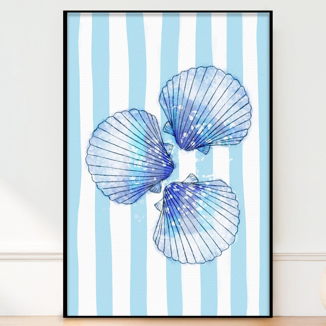 Blue Scallop Seashells Beach Striped Coastal Watercolor Wall Art