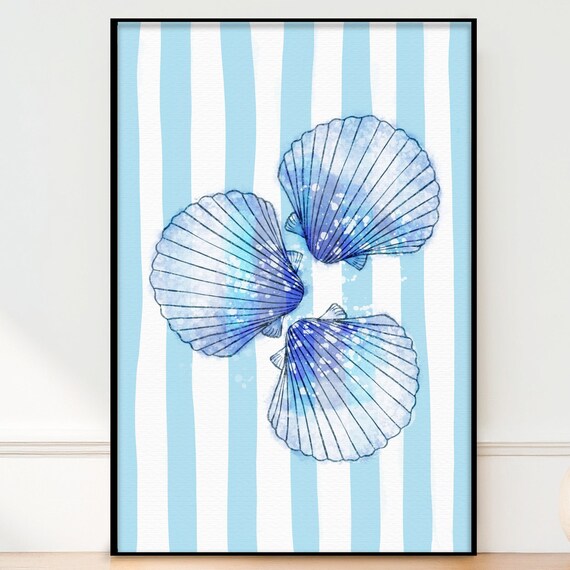 Blue Scallop Seashells Beach Striped Coastal Watercolor Wall Art