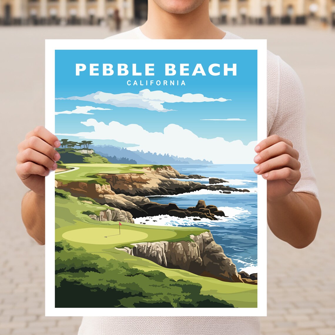 Pebble Beach California Travel Poster, Coastal View