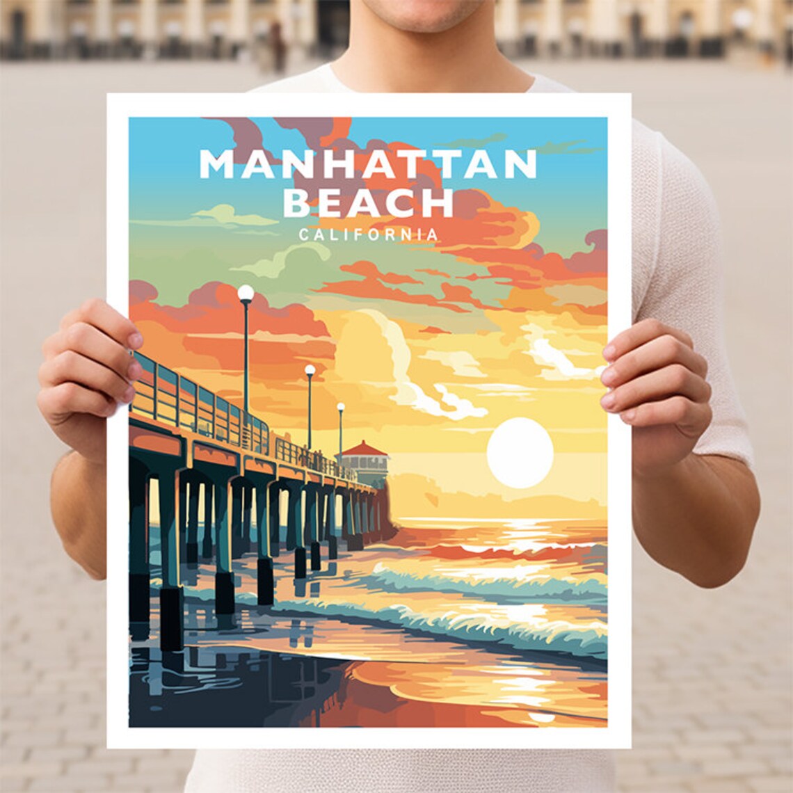 Manhattan Beach California Travel Poster, Coastal Landmark