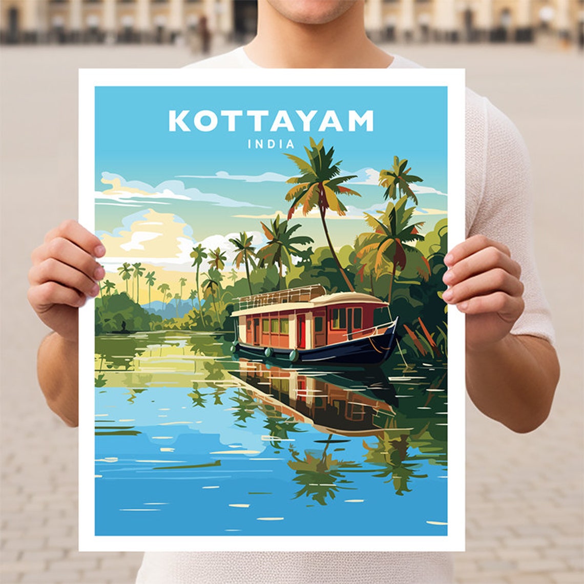 Kottayam Kerala Backwater Houseboat Palm India Travel Poster